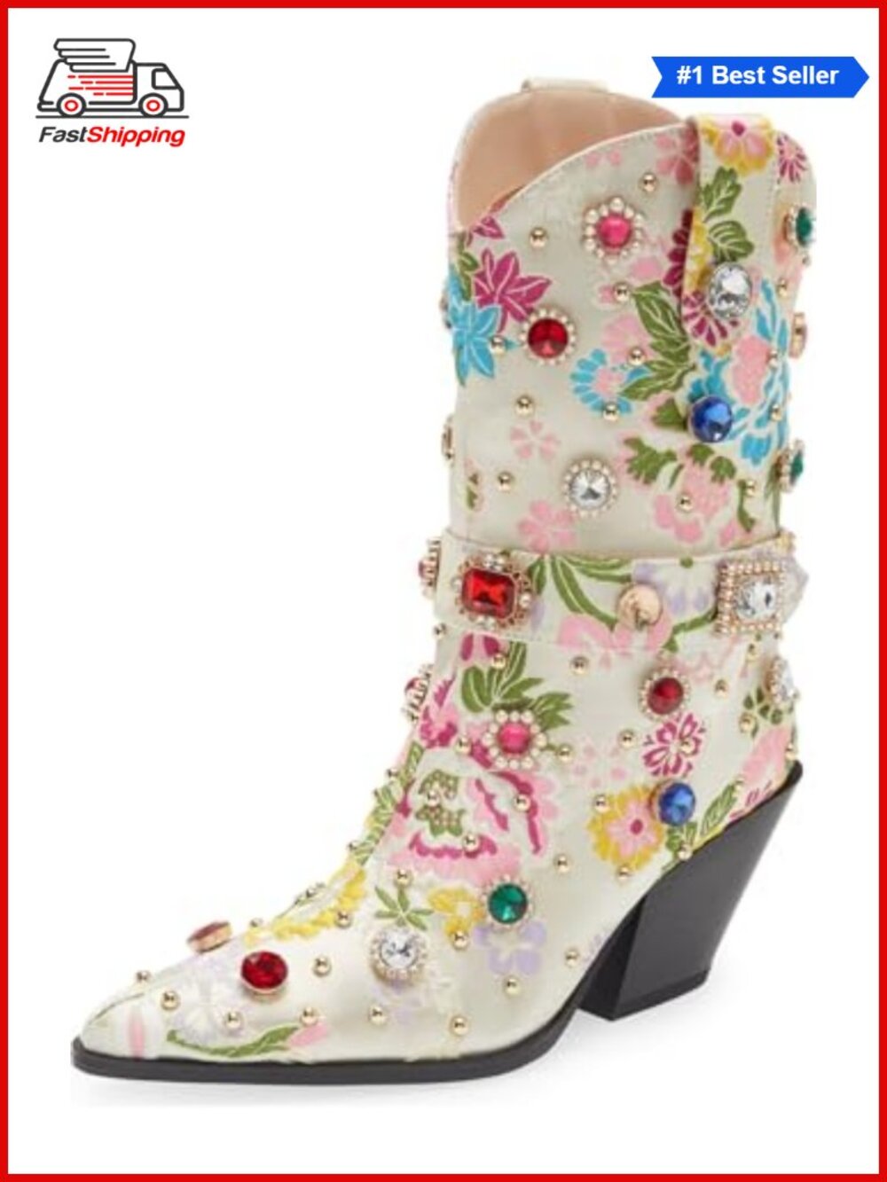 ✨ Embroidered Rhinestone Mid Calf Cowboy Boots Women Pointed Toe Chunky Heel